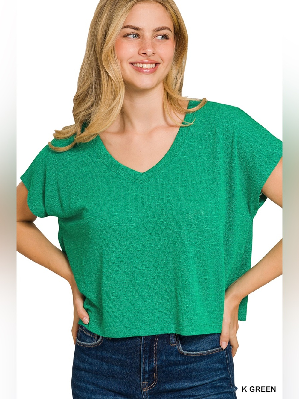 NWT ZENANA V-NECK DROP SHOULDER SLUB HACCI CROP TOP